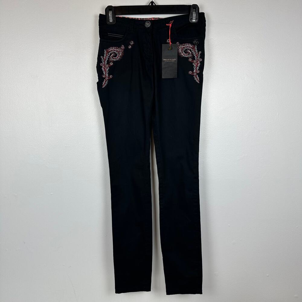 NWT Maison Scotch & Soda Womens Paisley Embroidered Black Skinny Jeans W24, L32